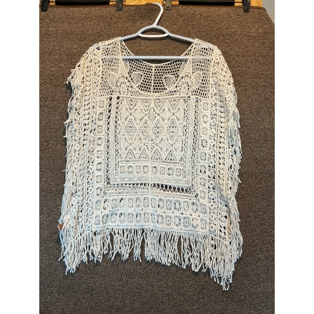 Crochet Shrug Cover Up BOHO fringe M/L Pullover Cream Summer Beach Luxe